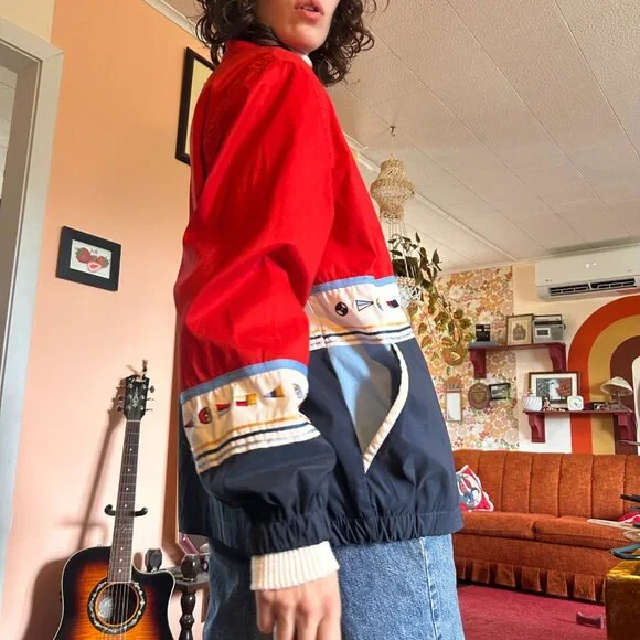 1990s retro color blocked embroidered drop sleeve windbreaker with boat flags - - Picture 9 of 13